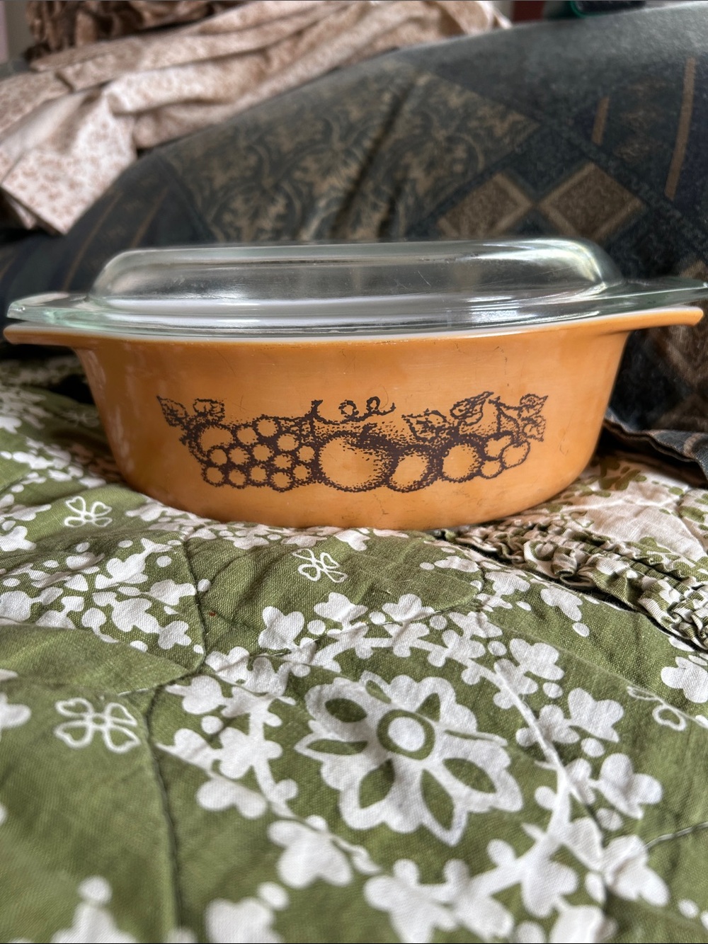 Vintage Pyrex Orange Glass Casserole Dish with Lid and fruit design